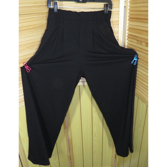 Halara Black Pleated Textured High Waist Wide Leg Pull On Pants Sz PETITE LARGE - Picture 3 of 10